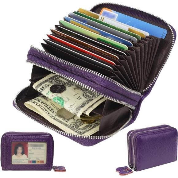 RFID Blocking Leather Zipper Card Wallet Small Purse Credit Card Case Holder - Picture 1 of 8